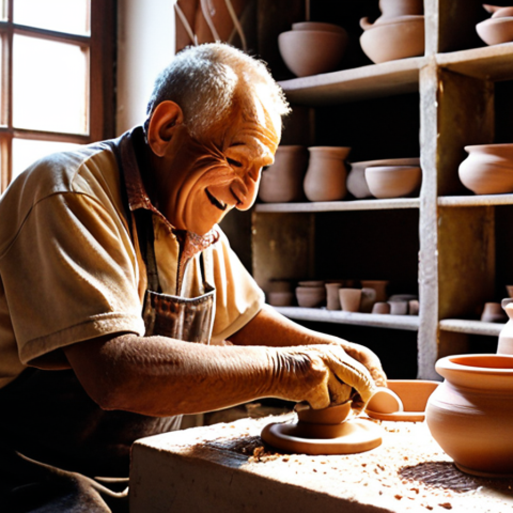 Ceramics Factory - Human Touch**

Prompt: A warm, inviting photo of a small ceramics factory in Aveiro, Portugal. An elderly craftsman, with a kind smile and focused expression, carefully molds clay on a potter's wheel. Sunlight streams through the window, illuminating the dust motes in the air and highlighting the textures of the clay. In the background, shelves are filled with beautifully finished ceramic pieces. Emphasize the sense of tradition, passion, and hand-crafted quality.

**
