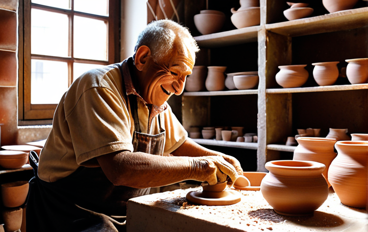 Ceramics Factory - Human Touch**
Prompt: A warm, inviting photo of a small ceramics factory in Aveiro, Portugal. An elderly craftsman, with a kind smile and focused expression, carefully molds clay on a potter's wheel. Sunlight streams through the window, illuminating the dust motes in the air and highlighting the textures of the clay. In the background, shelves are filled with beautifully finished ceramic pieces. Emphasize the sense of tradition, passion, and hand-crafted quality.
**