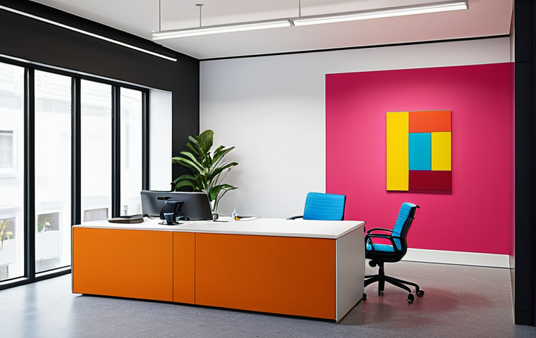 **
A vibrant, modern office space. Focus on brand identity elements: a stylish logo subtly displayed, consistent color palette used throughout the decor, and employees who are well-dressed and engaged in positive interactions with clients. The overall impression should be one of professionalism, authenticity, and a strong sense of brand unity.
**