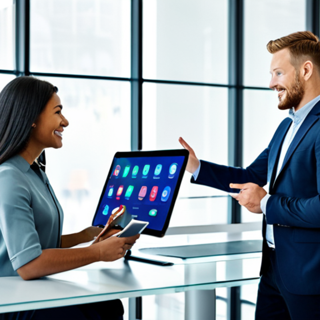 A diverse group of business professionals in a modern, brightly lit co-working space. One professional stands at a large, transparent digital display screen, presenting intricate interconnected global networks, symbolizing enhanced connectivity. Another professional is seated, actively collaborating on a tablet, while a third is focused on a laptop. All subjects are engaged in a dynamic and collaborative discussion. The scene emphasizes seamless digital interaction and the democratized access to information and markets. All individuals are fully clothed in professional, modest business casual attire. Perfect anatomy, correct proportions, natural poses, well-formed hands, proper finger count, natural body proportions. Professional photography, high-resolution, sharp focus, vibrant colors, soft lighting, safe for work, appropriate content, family-friendly.