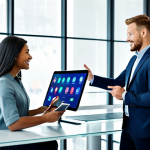 A diverse group of business professionals in a modern, brightly lit co-working space. One professional stands at a large, transparent digital display screen, presenting intricate interconnected global networks, symbolizing enhanced connectivity. Another professional is seated, actively collaborating on a tablet, while a third is focused on a laptop. All subjects are engaged in a dynamic and collaborative discussion. The scene emphasizes seamless digital interaction and the democratized access to information and markets. All individuals are fully clothed in professional, modest business casual attire. Perfect anatomy, correct proportions, natural poses, well-formed hands, proper finger count, natural body proportions. Professional photography, high-resolution, sharp focus, vibrant colors, soft lighting, safe for work, appropriate content, family-friendly.