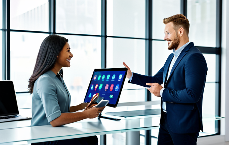A diverse group of business professionals in a modern, brightly lit co-working space. One professional stands at a large, transparent digital display screen, presenting intricate interconnected global networks, symbolizing enhanced connectivity. Another professional is seated, actively collaborating on a tablet, while a third is focused on a laptop. All subjects are engaged in a dynamic and collaborative discussion. The scene emphasizes seamless digital interaction and the democratized access to information and markets. All individuals are fully clothed in professional, modest business casual attire. Perfect anatomy, correct proportions, natural poses, well-formed hands, proper finger count, natural body proportions. Professional photography, high-resolution, sharp focus, vibrant colors, soft lighting, safe for work, appropriate content, family-friendly.