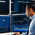 A focused Brazilian male data analyst, mid-30s, in a professional business suit, fully clothed, appropriate attire, working in a modern, clean office. Multiple large monitors display dynamic price graphs, charts, and flowing data streams. One screen prominently features "R$ 99,99" next to "R$ 100,00" with a subtle visual emphasis on the psychological effect. Subtle glowing lines and network connections representing AI algorithms are visible around the screens. Natural pose, well-formed hands, proper finger count, perfect anatomy, correct proportions. Professional photography, high quality, realistic, safe for work, appropriate content, modest, family-friendly.