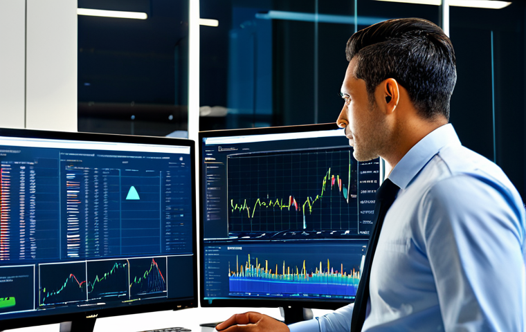 A focused Brazilian male data analyst, mid-30s, in a professional business suit, fully clothed, appropriate attire, working in a modern, clean office. Multiple large monitors display dynamic price graphs, charts, and flowing data streams. One screen prominently features "R$ 99,99" next to "R$ 100,00" with a subtle visual emphasis on the psychological effect. Subtle glowing lines and network connections representing AI algorithms are visible around the screens. Natural pose, well-formed hands, proper finger count, perfect anatomy, correct proportions. Professional photography, high quality, realistic, safe for work, appropriate content, modest, family-friendly.