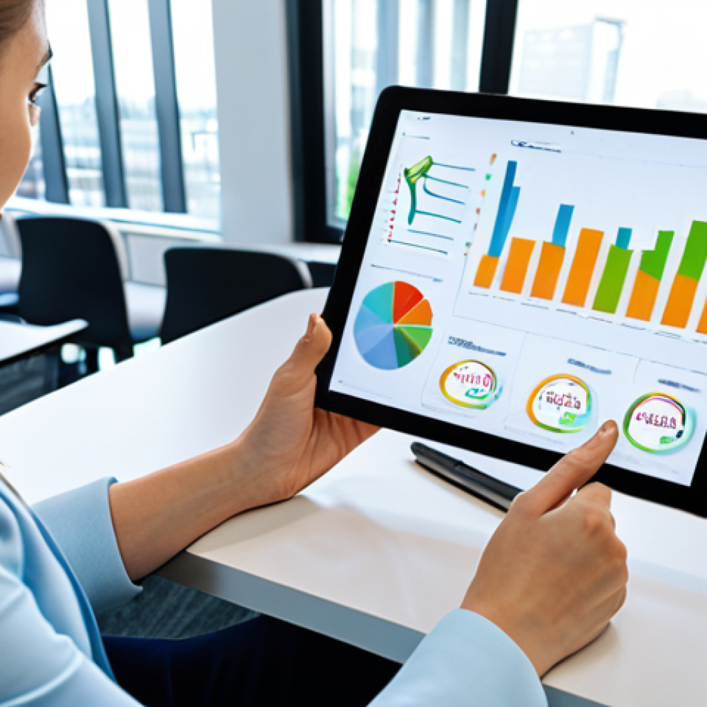 ESG Analysis in Action**

A brightly lit, modern office scene. A woman in professional dress, fully clothed and modest, is reviewing ESG reports on a tablet. Charts and graphs displaying environmental, social, and governance metrics are visible on the screen. The scene should convey a sense of informed decision-making. Safe for work, appropriate content, professional. Perfect anatomy, natural proportions, well-formed hands. High quality, professional photography.

**