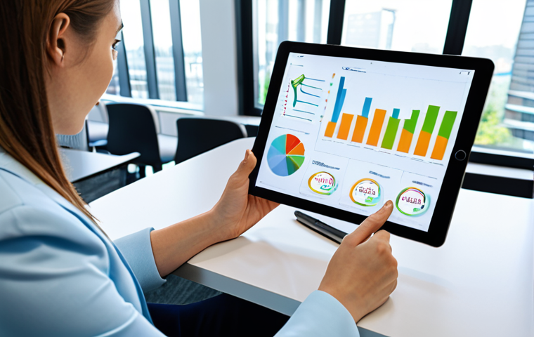 ESG Analysis in Action**

A brightly lit, modern office scene. A woman in professional dress, fully clothed and modest, is reviewing ESG reports on a tablet. Charts and graphs displaying environmental, social, and governance metrics are visible on the screen. The scene should convey a sense of informed decision-making. Safe for work, appropriate content, professional. Perfect anatomy, natural proportions, well-formed hands. High quality, professional photography.

**