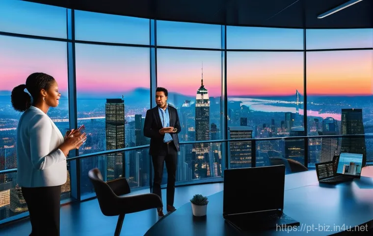 리더십 개발 - **Prompt:** A diverse group of modern professionals, embodying human-centered leadership, are gather...