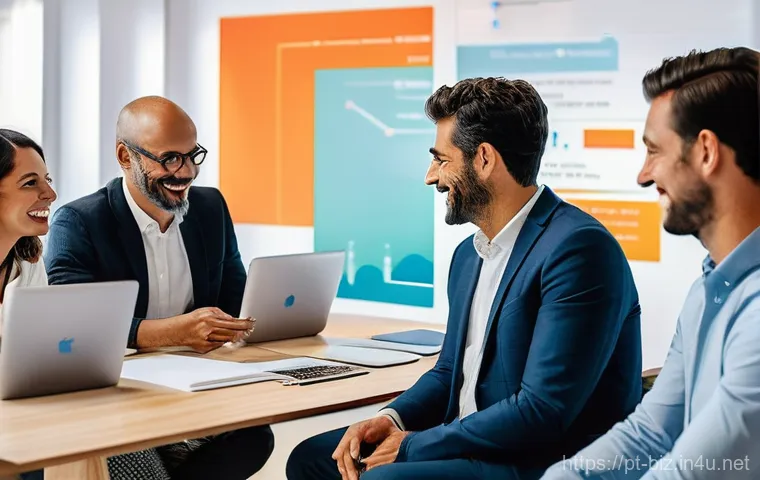 디지털 경영 - **Prompt:** A vibrant and modern Portuguese co-working space, bathed in warm, inviting light. In the...