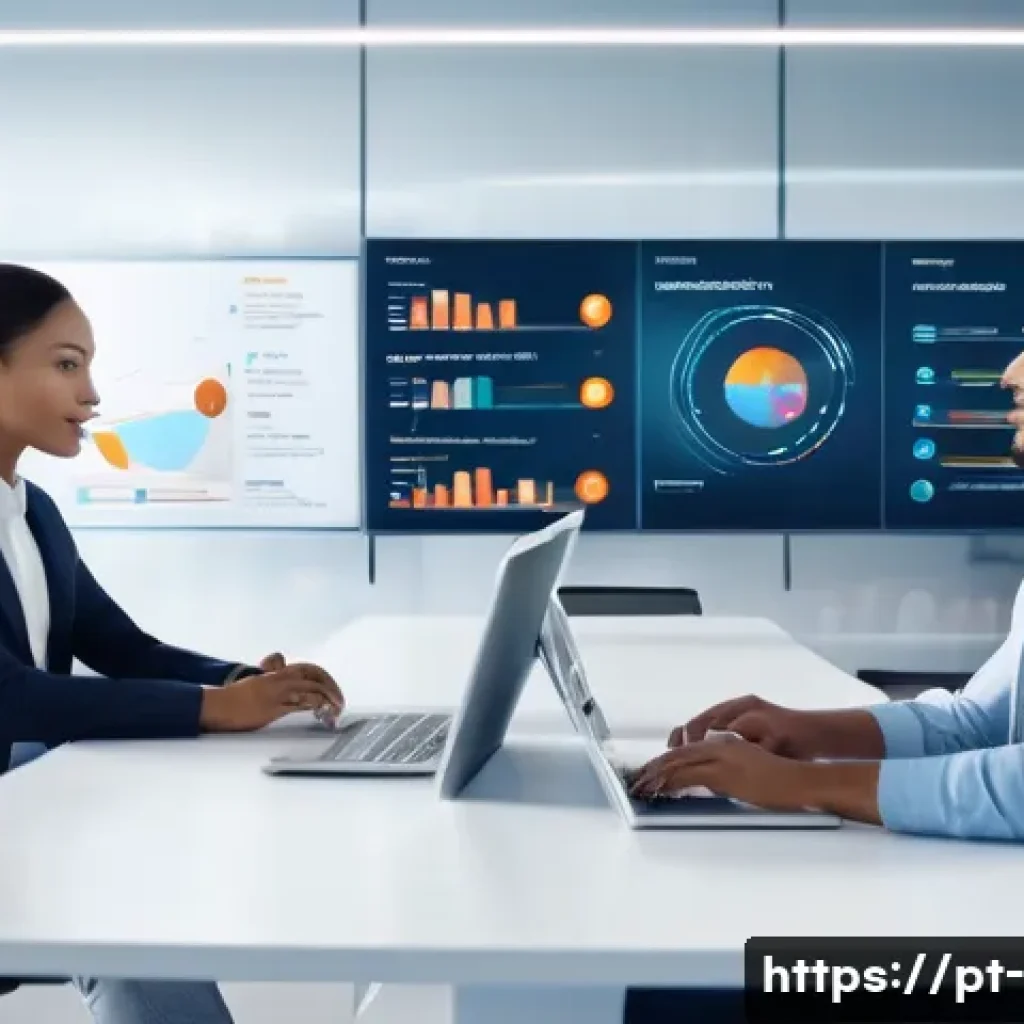 4차 산업혁명과 경영 - A modern corporate office setting featuring diverse business professionals collaboratively analyzing...