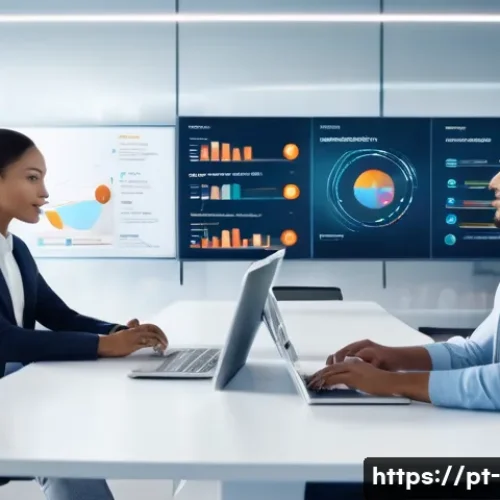 4차 산업혁명과 경영 - A modern corporate office setting featuring diverse business professionals collaboratively analyzing...