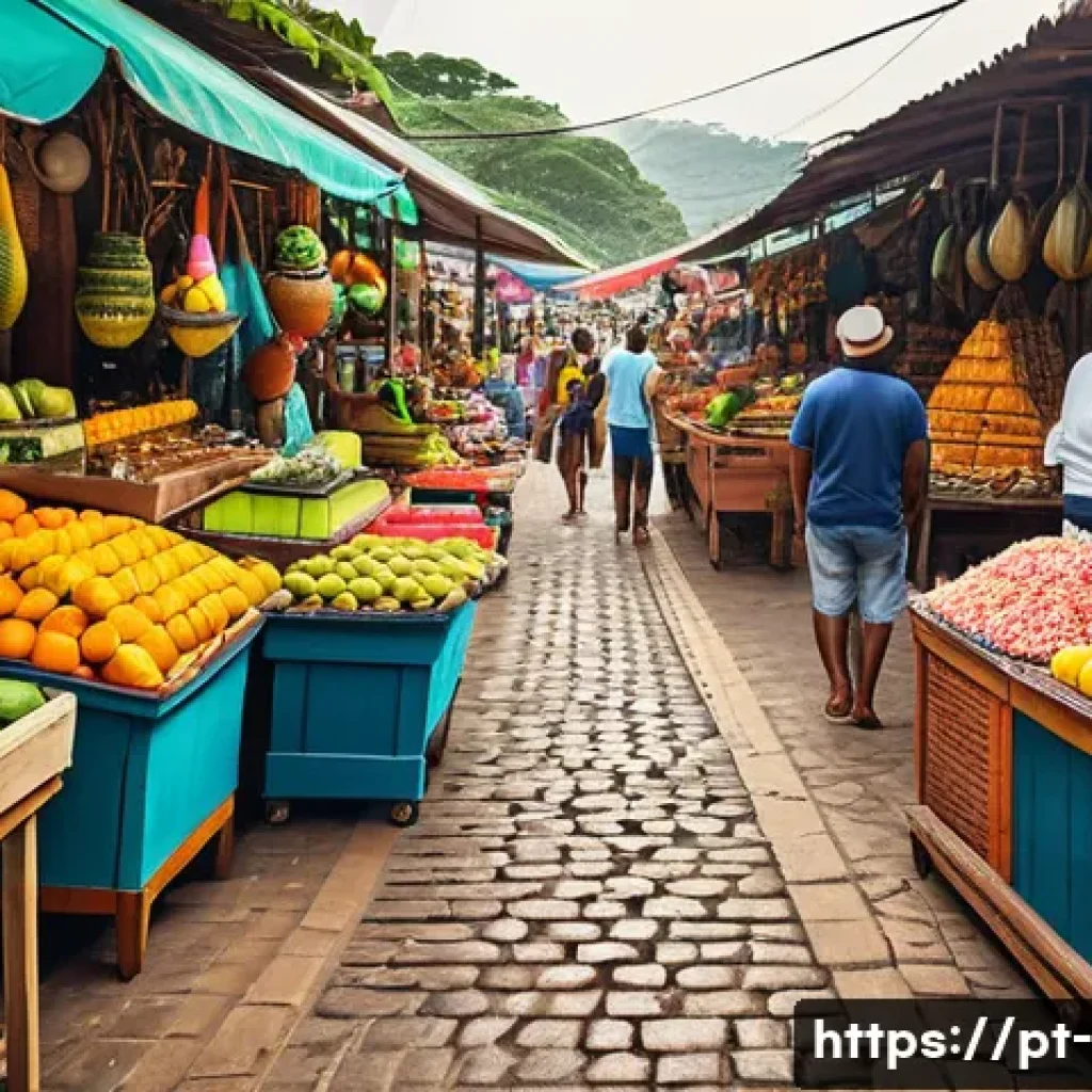 마케팅 믹스 4P - A vibrant Brazilian marketplace scene featuring diverse customers engaging with local vendors showca...