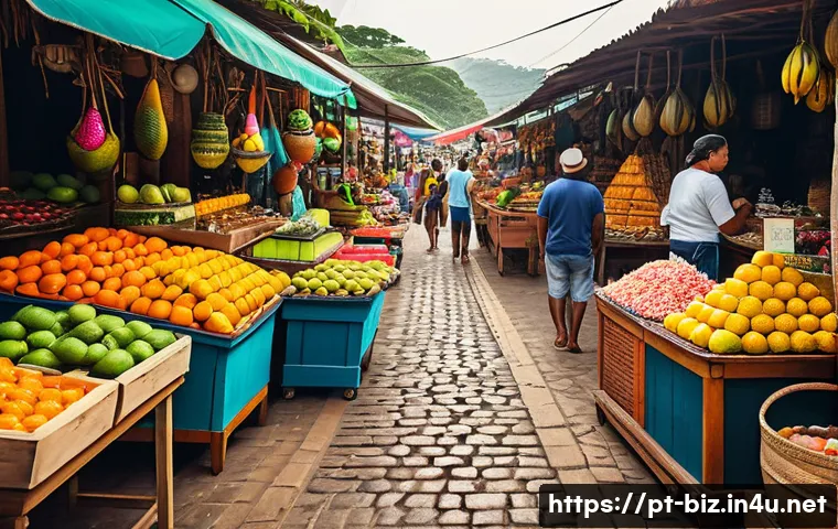 마케팅 믹스 4P - A vibrant Brazilian marketplace scene featuring diverse customers engaging with local vendors showca...