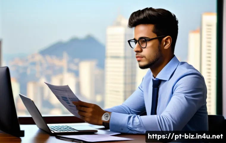 재무 회계 - A detailed and professional office scene showing a young Brazilian entrepreneur analyzing financial ...
