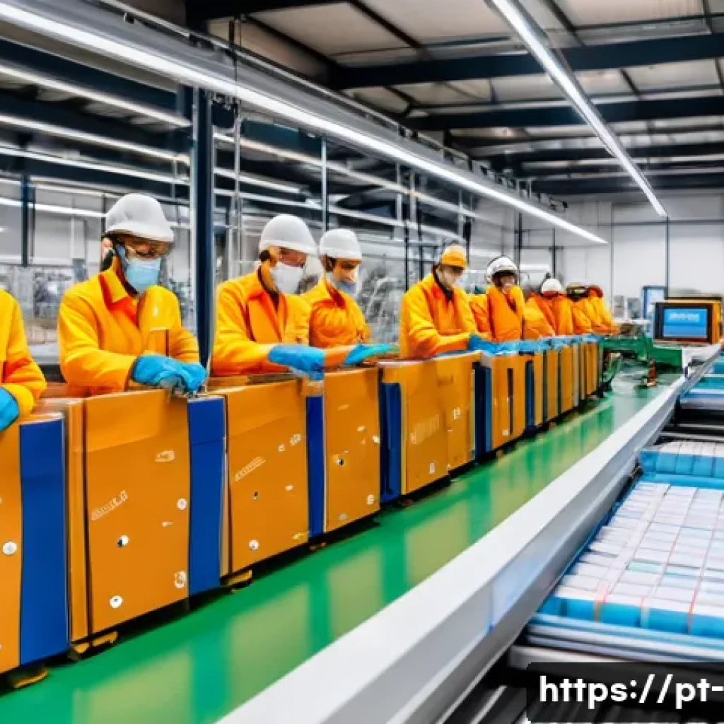 생산 능력 분석 - A modern industrial packaging line inside a Brazilian factory, featuring a small, focused team of wo...