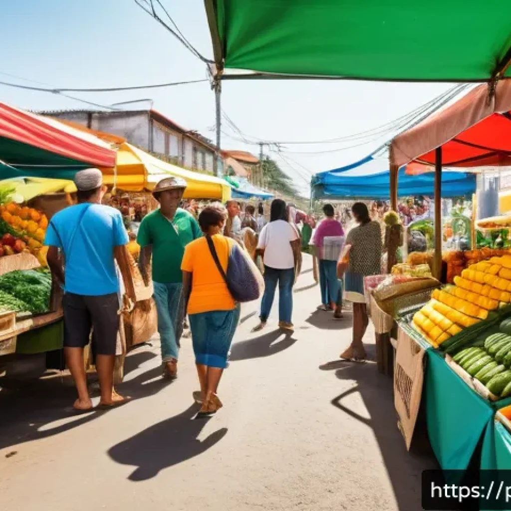 윤리적 소비 - A vibrant farmers’ market scene in a sunny Brazilian neighborhood, featuring diverse local vendors s...