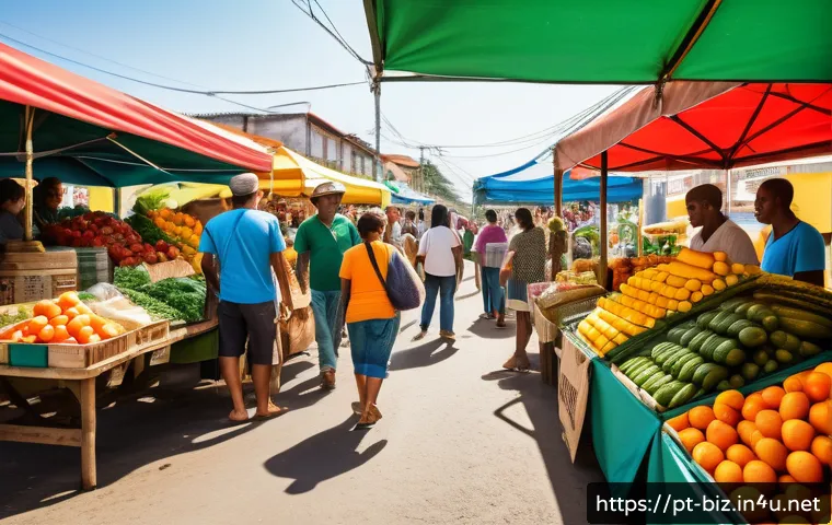 윤리적 소비 - A vibrant farmers’ market scene in a sunny Brazilian neighborhood, featuring diverse local vendors s...