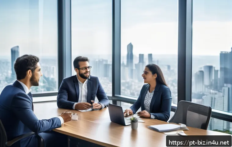 정보 시스템 전략 - A modern Brazilian corporate office scene showing diverse professionals in a meeting room collaborat...