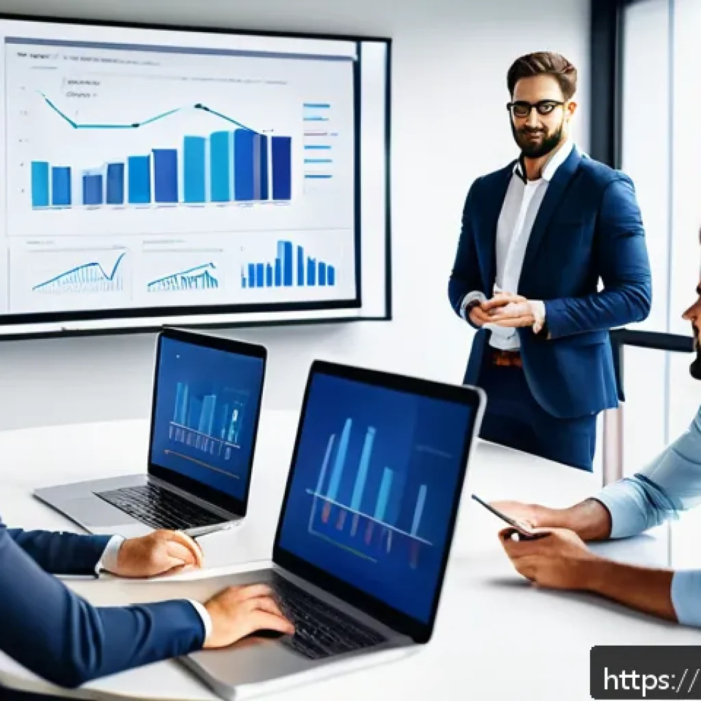 경영학의 정의 - A modern office scene showing a diverse team of professionals engaged in a strategic planning meetin...