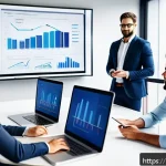 경영학의 정의 - A modern office scene showing a diverse team of professionals engaged in a strategic planning meetin...
