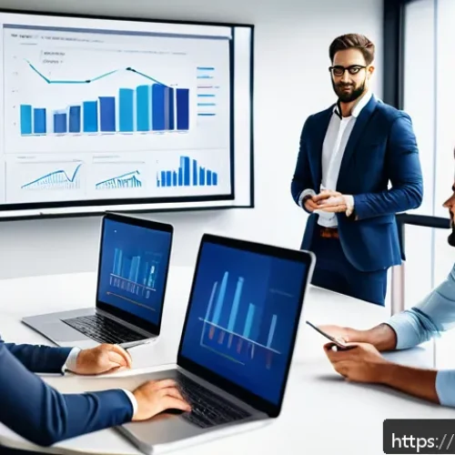 경영학의 정의 - A modern office scene showing a diverse team of professionals engaged in a strategic planning meetin...