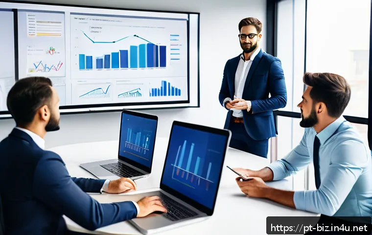 경영학의 정의 - A modern office scene showing a diverse team of professionals engaged in a strategic planning meetin...