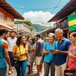 제품 개발 전략 - A vibrant Brazilian marketplace scene showing diverse consumers engaging with authentic local brands...