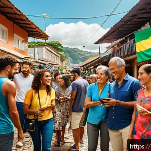제품 개발 전략 - A vibrant Brazilian marketplace scene showing diverse consumers engaging with authentic local brands...