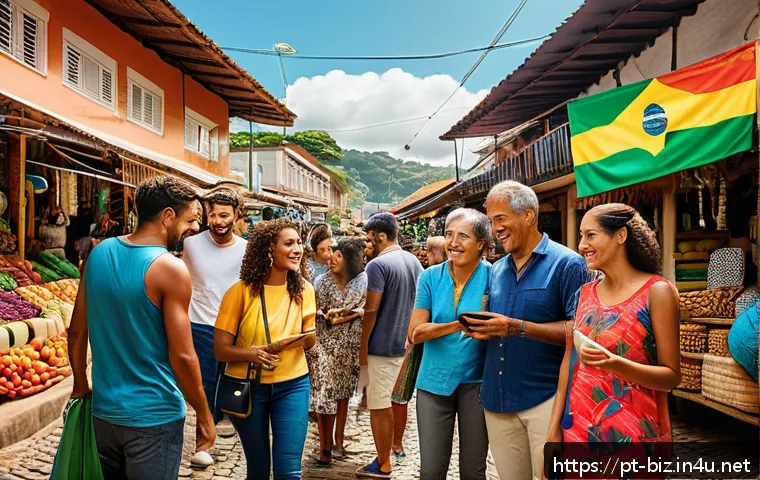 제품 개발 전략 - A vibrant Brazilian marketplace scene showing diverse consumers engaging with authentic local brands...