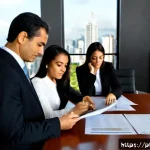 기업 윤리 - Photorealistic corporate ethics scene in a modern São Paulo office, a diverse Brazilian executive te...