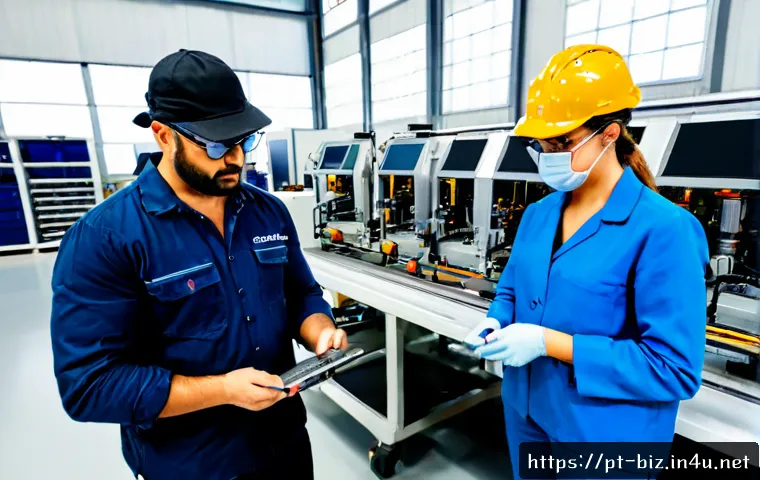 Home 30 제조업 경쟁력 강화 - Photorealistic modern manufacturing facility in Portugal, diverse adult engineers wearing safety hel...