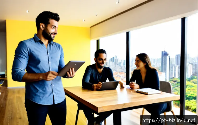 Home 17 기업가 정신과 기업 문화 - Photorealistic Brazilian startup team in a bright São Paulo coworking office, diverse entrepreneurs ...