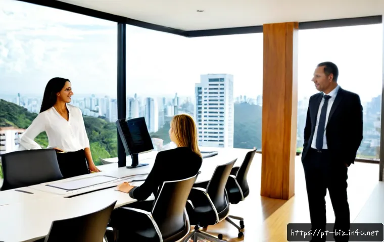 Home 17 조직 구조 - Photorealistic Brazilian corporate office scene showing a clear organizational structure through a d...